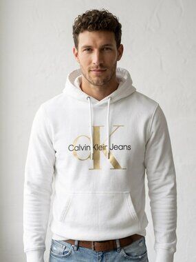 Calvin Klein Jeans White Gold Foil Logo Pullover Hoodie Size L